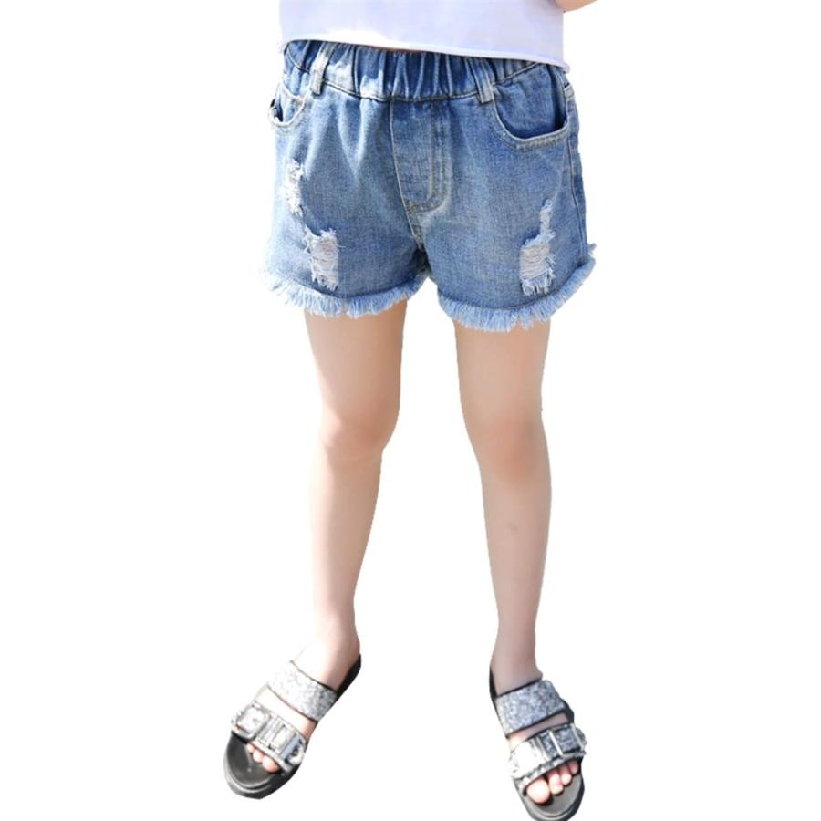 フリフラ デニム ショートパンツ 裾フリンジ ＆ ダメージ加工 女の子 レディース 青 130cm MDM( ブルー,  130cm)｜zebrand-shop