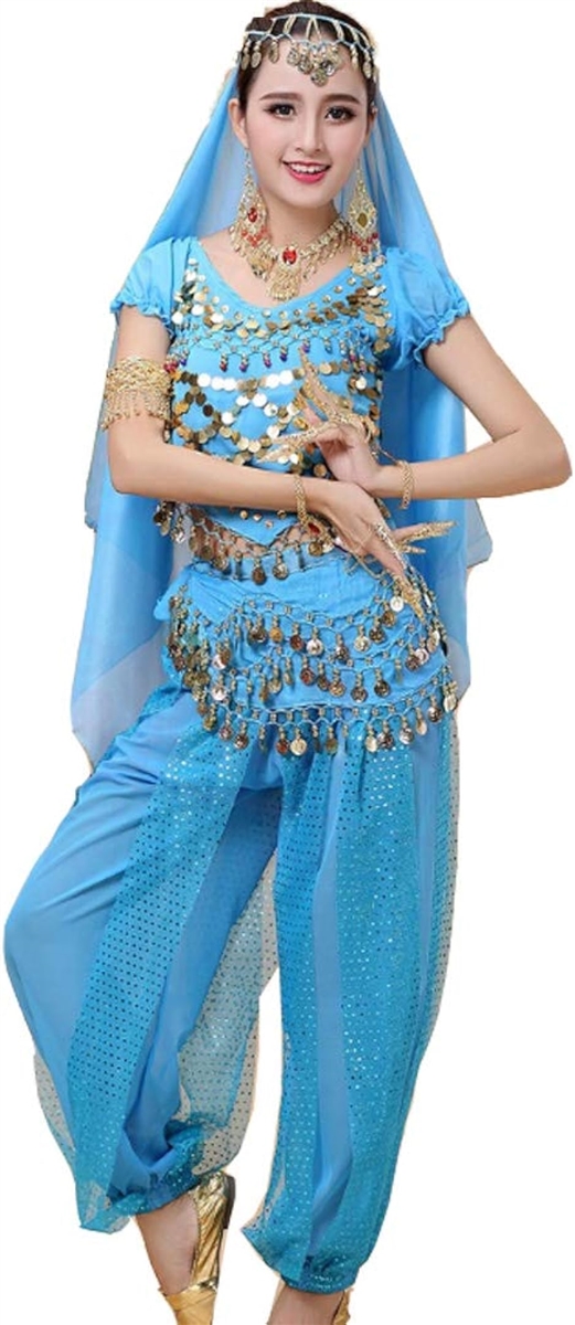ベリーダンス 衣装 大きいサイズ 4点セット アラジン コスプレ 仮装( ライトブルー,  XL)