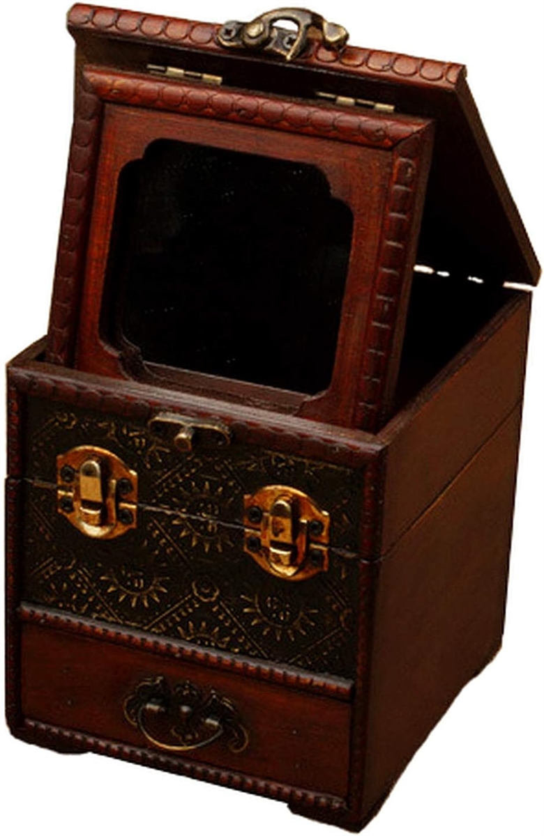 ジュエリーボックス コスメ メイクボックス 小物入れ 化粧品 ミラー 鏡付き 木製 アンティーク調 ケース 宝石箱 収納箱( Aタイプ)｜zebrand-shop