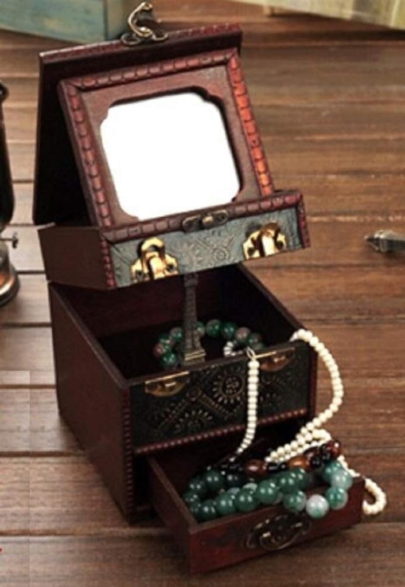 ジュエリーボックス コスメ メイクボックス 小物入れ 化粧品 ミラー 鏡付き 木製 アンティーク調 ケース 宝石箱 収納箱( Aタイプ)｜zebrand-shop｜02