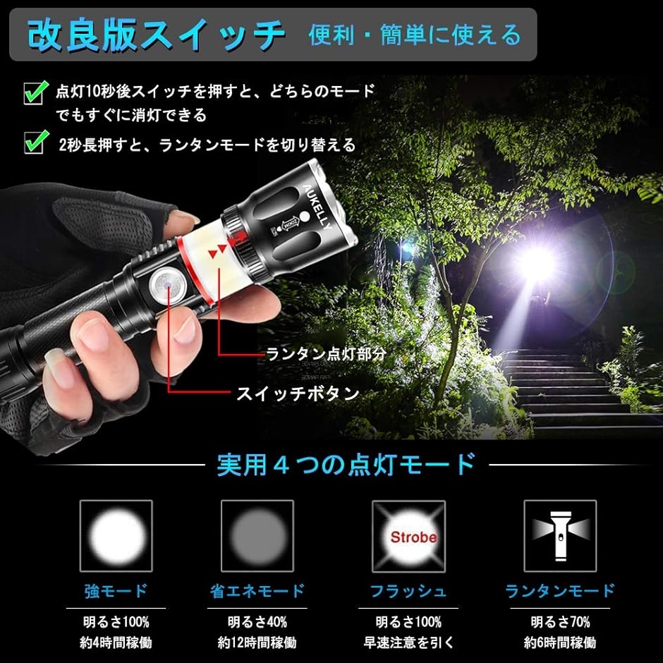 led 懐中電灯 充電式 強力 ハンディライト USB マグネット 高輝度 4 