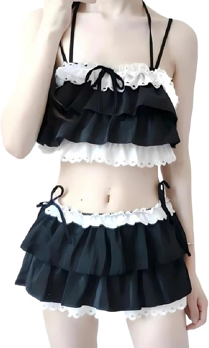 バンドゥビキニ フリル 水着 セパレート ロリータ 萌え水着(ブラック