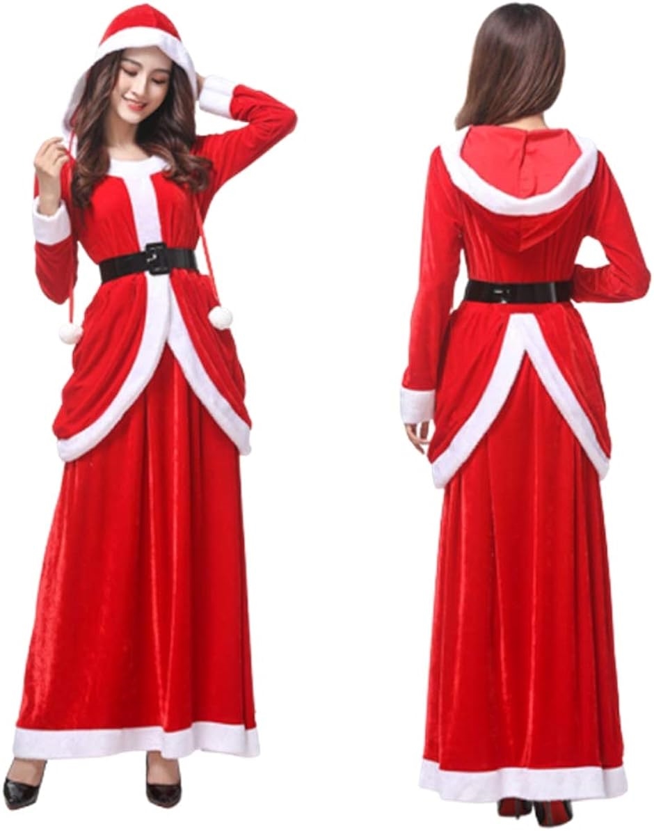 サンタクロース コスプレ レディース ロングスカート ワンピース ドレス( 赤,  フリー)