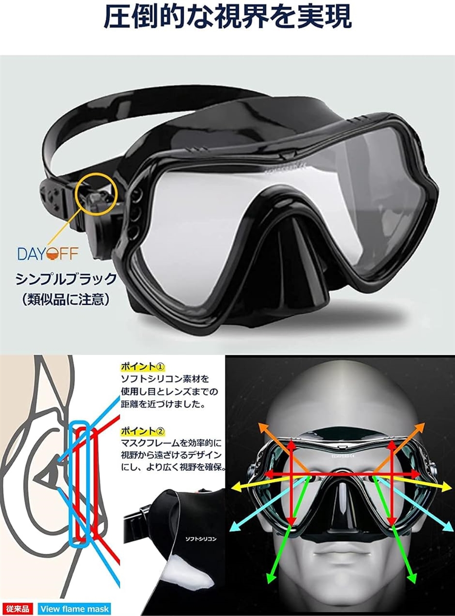 ダイビングマスク 広域視界 シュノーケリングマスク スキューバダイビング にも利用可能( マスク（白）, M)