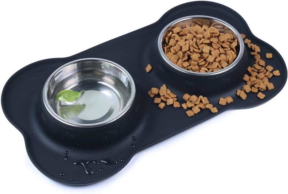 フードボウル 犬 猫 エサ入れ 皿 ステンレス シリコン ペット用品( ブラック)