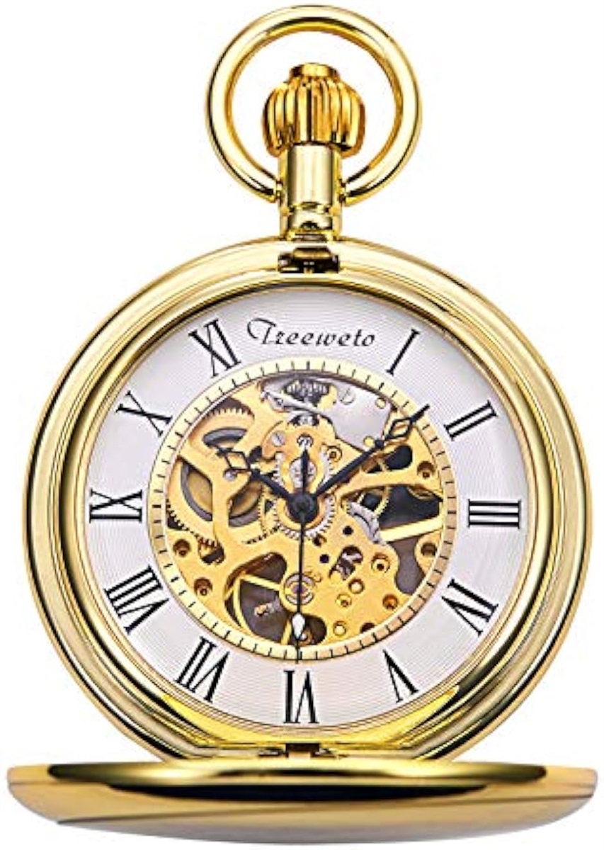 機械式 懐中時計 クラシック アンティーク スケルトン ローマ数字 ゴールド チェーン付き HB08 ...
