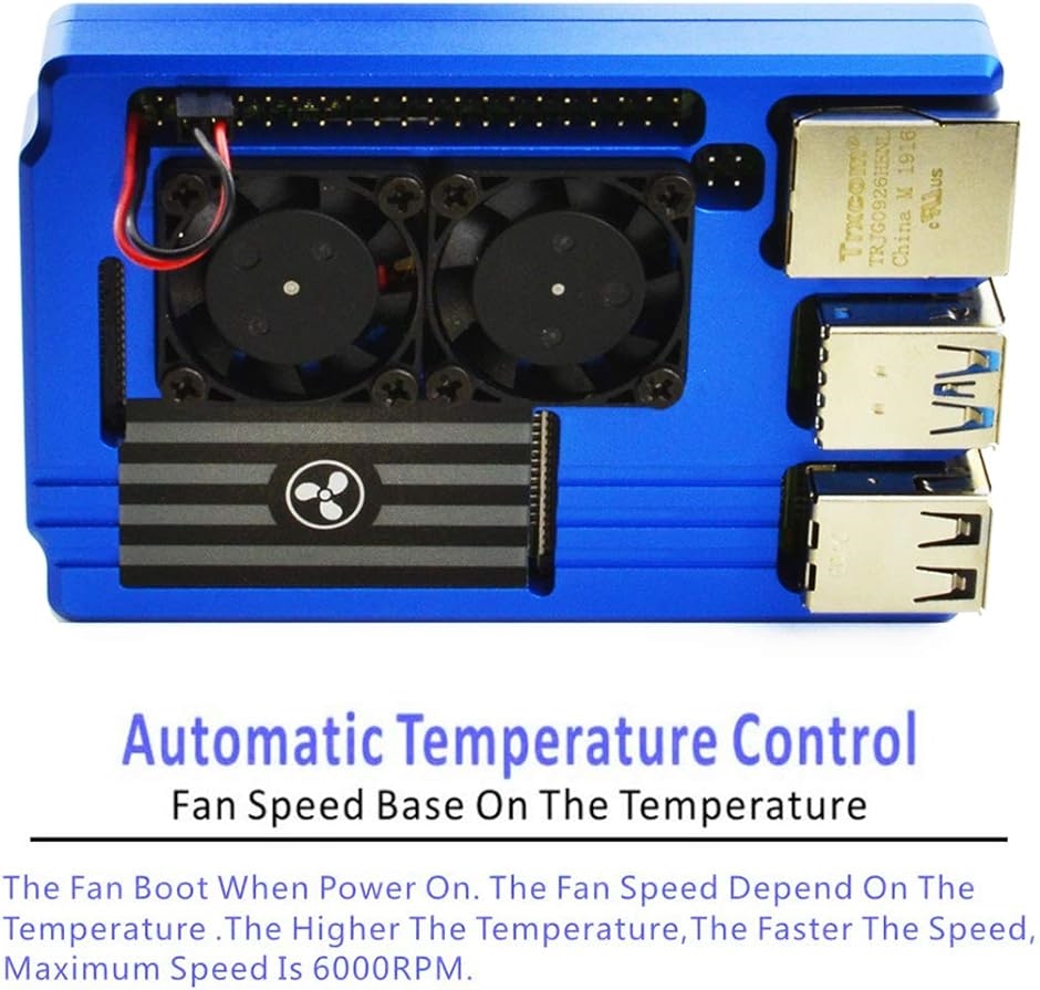 Raspberry Pi 4ケース デュアル冷却ファン付き アルミニウム合金ケース 自動温度調整( ブルー+冷却ファン)｜zebrand-shop｜03
