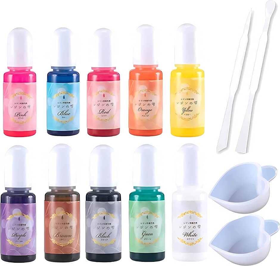 レジン 着色剤セット レジン液用 10色 スティック＆ハートパレット( 青 赤 黄 緑 白 黒 橙 茶 紫 桃) | ブランド登録なし