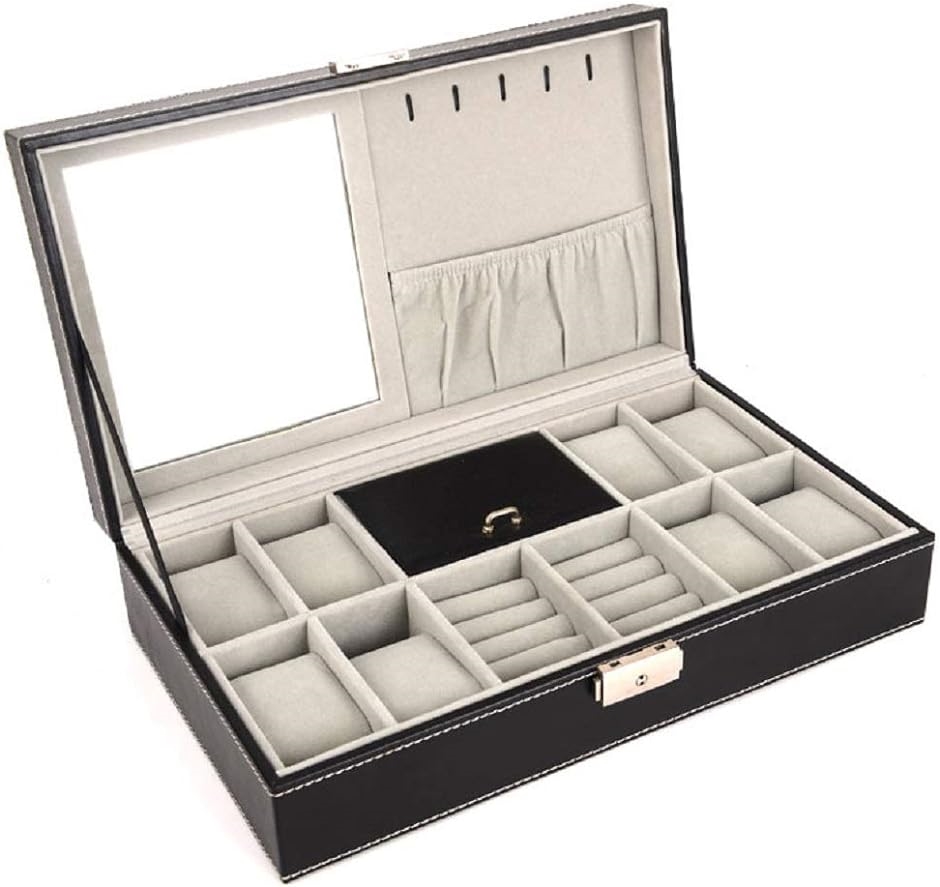 ジュエリー 腕時計 ケース ボックス アクセサリー ウォッチ 8本用 小物入れ 指輪 リング 宝石箱 収納箱 ガラス付き( ブラック)