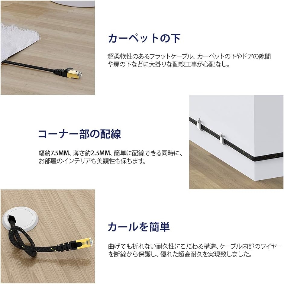 CAT7準拠STP 高速LANケーブル 10Gbps/600MHz RJ45 フラットインターネットケーブル MDM( ブラック,  1M)｜zebrand-shop｜05