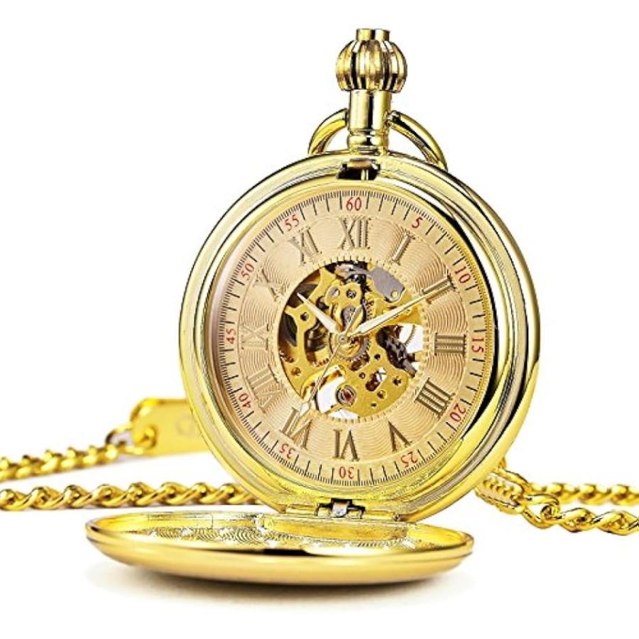 機械式 懐中時計 クラシック アンティーク スケルトン ローマ数字 ゴールド チェーン付き HB057-DESF( ゴールド01)｜zebrand-shop