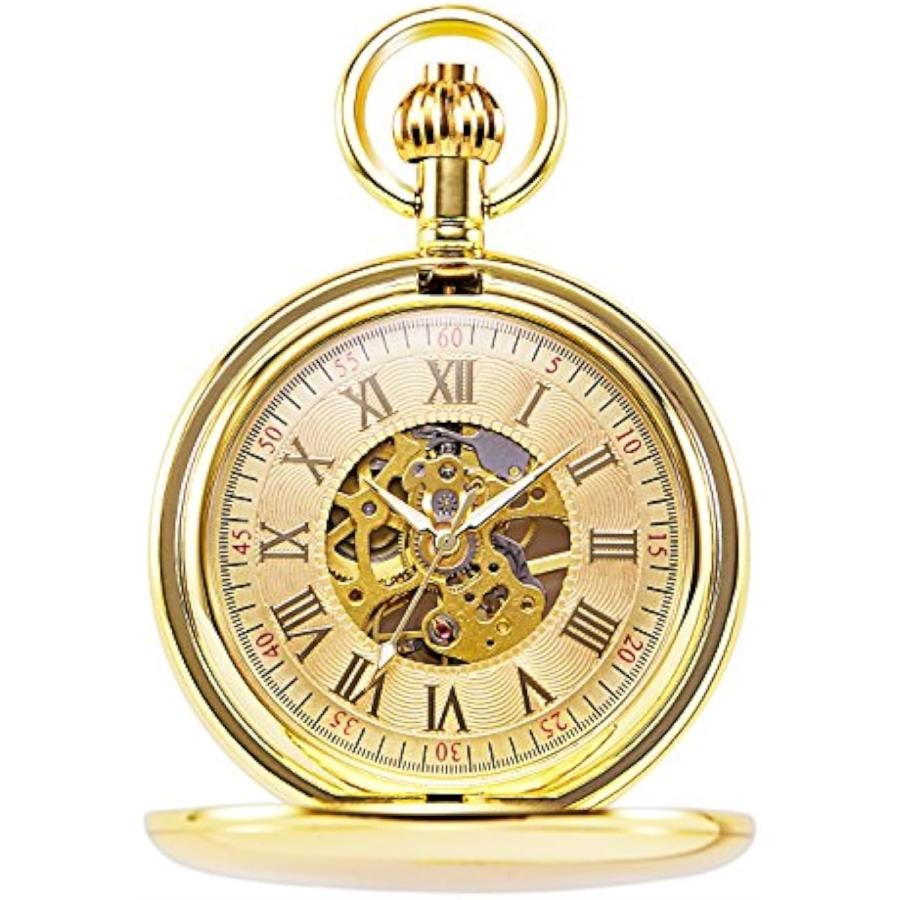 機械式 懐中時計 クラシック アンティーク スケルトン ローマ数字 ゴールド チェーン付き HB057-DESF( ゴールド01)｜zebrand-shop｜03