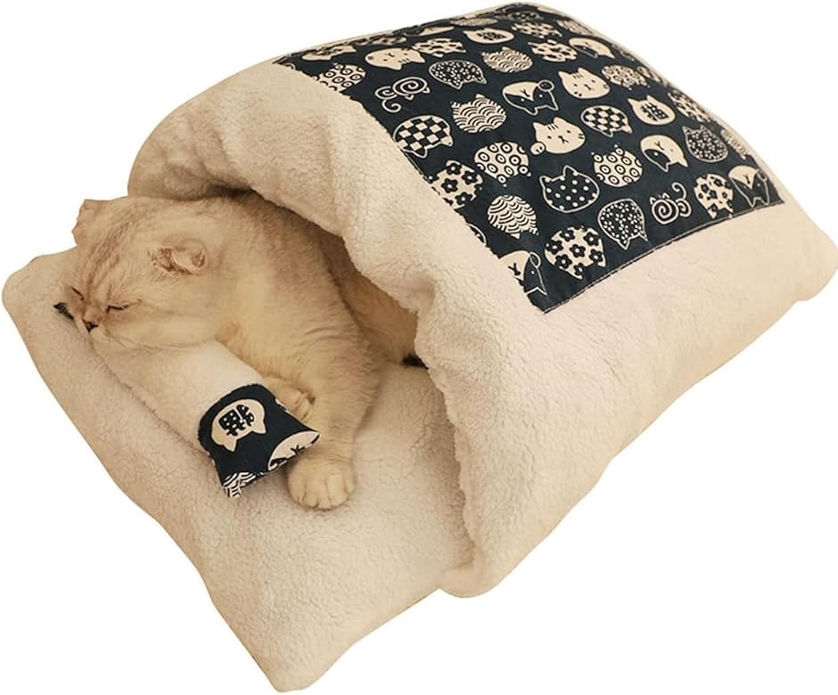 Yahoo! Yahoo!ショッピング(ヤフー ショッピング)キャットハウス 猫用ベッド 猫用寝袋 枕付き 和風 ペットベッド布団型 ペットマット グッズ 冬用 裏起毛 寒さ対策（ネイビー,  L）