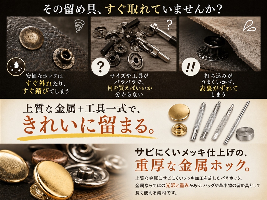 バネホック ジャンパーホック かしめ 留め具 金属 ボタン 工具付き 60