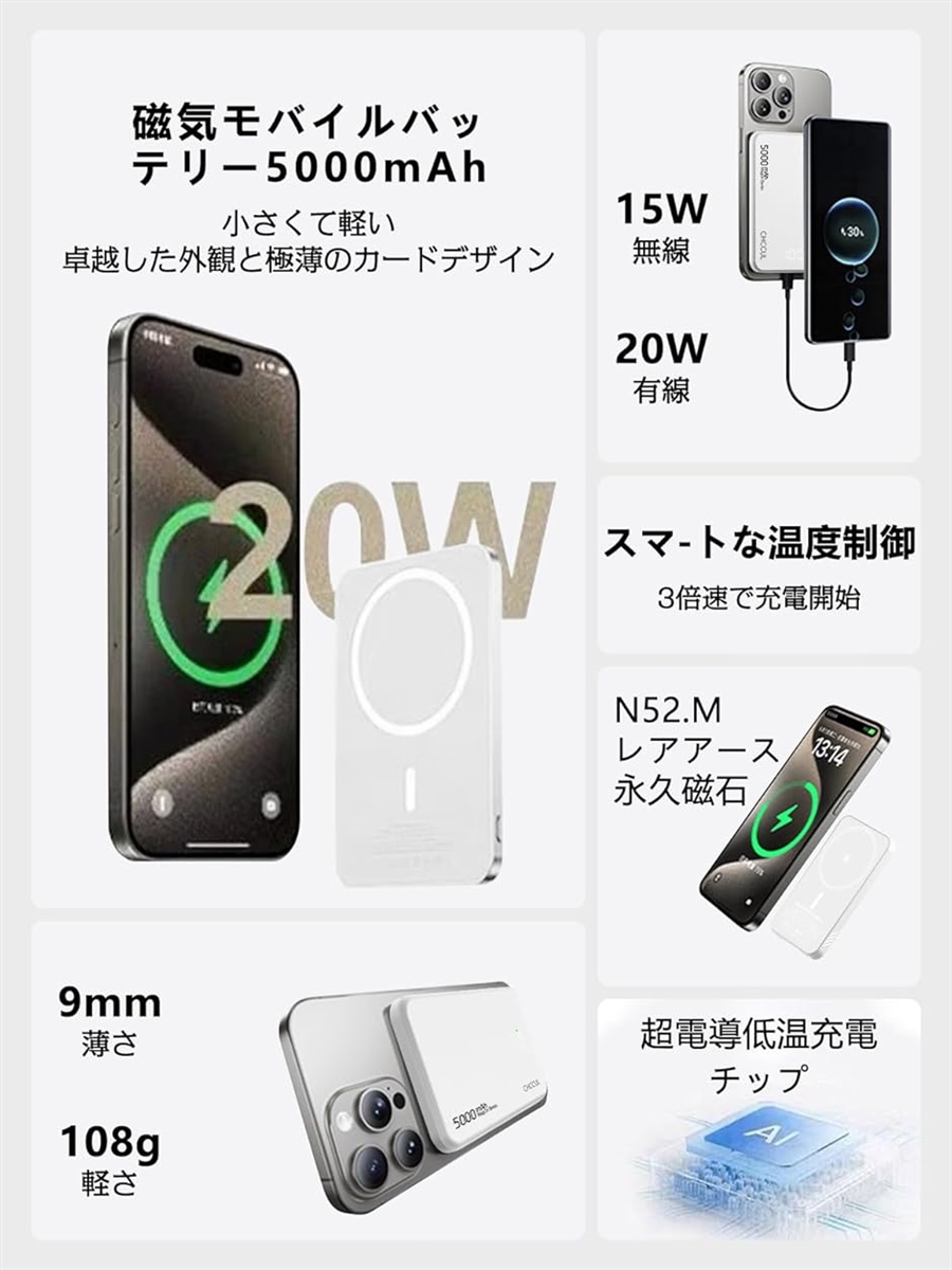 モバイル バッテリー MagSafe対応 急速充電 マグネット式 ワイヤレス