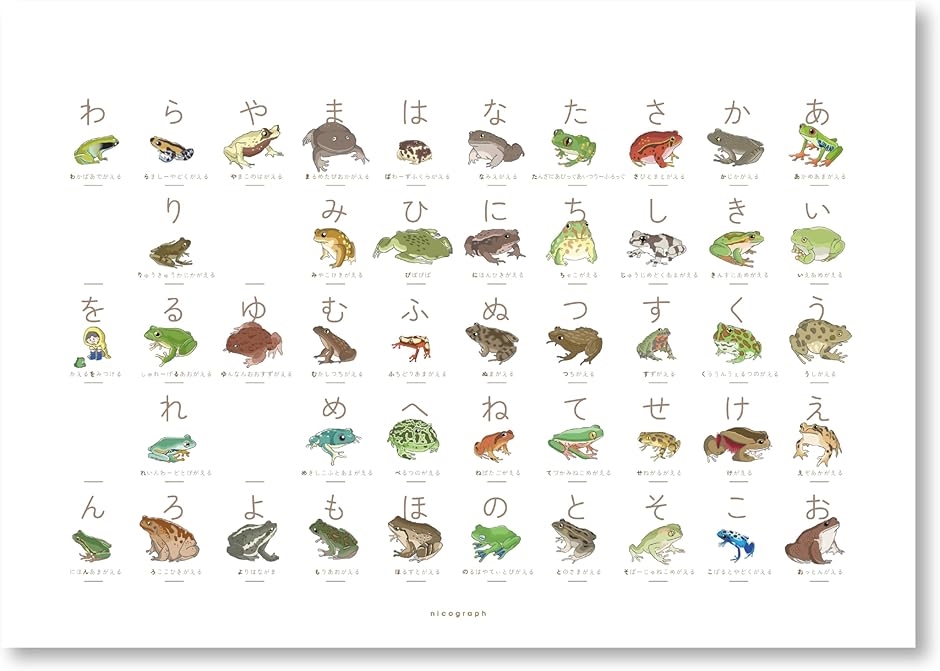 カエルのあいうえお 蛙のひらがな表 マグネットハンガー付き A3サイズ