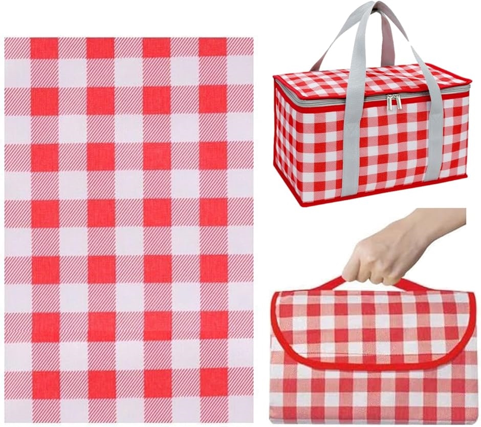 ランチバッグ レジャーシート セット 保冷 保温 お弁当 大容量 撥水 おしゃれ(レッド,  20x35x20cm，150x200cm)