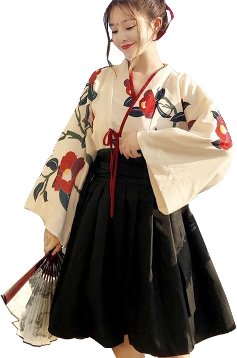 大正ロマン 袴 コスプレ 着物 和装 和服 ロリィタ 文化祭 ハロウィン ショート丈 黒色 Lサイズ(ブラック)