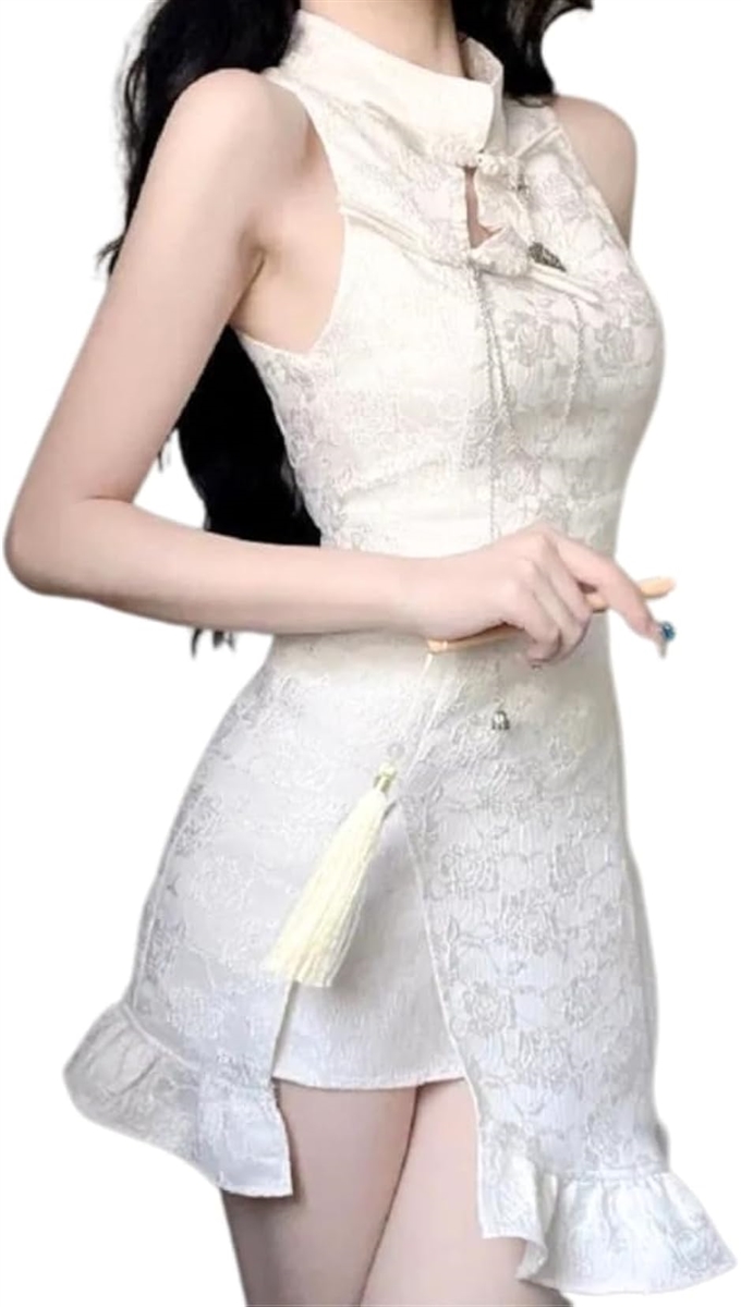 チャイナ服チャイナドレスフリルコスプレ仮装ロリータセクシーミニ衣装仮装ワンピース( ホワイト, L)
