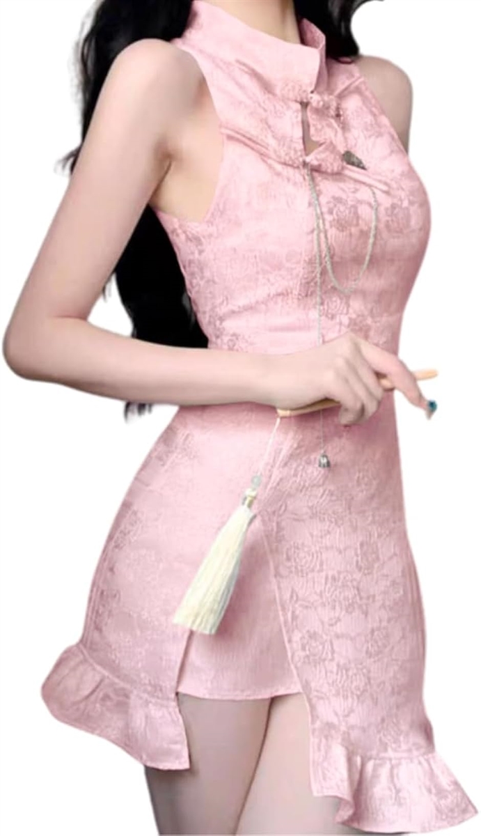 チャイナ服チャイナドレスフリルコスプレ仮装ロリータセクシーミニ衣装仮装ワンピース( ピンク, XL)