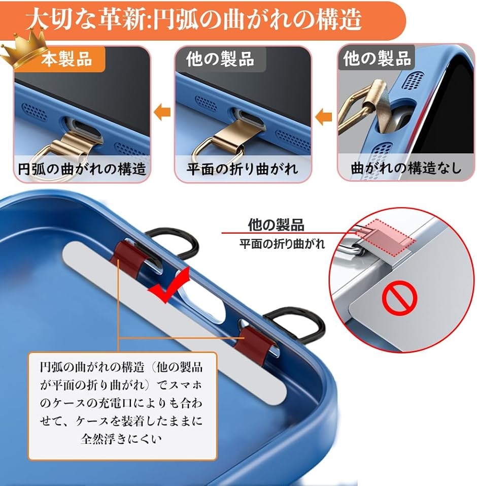 スマホ ストラップホルダー 2口タイプ・浮きにくい湾曲設計・傷防止フィルム付きステンレス製(ゴールド,  Free Size) | ブランド登録なし | 04