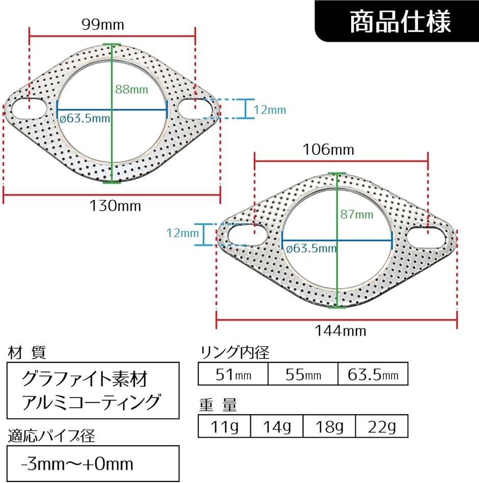 マフラーガスケット 4枚セット フランジ バイク 車 2mm 内径63.5mm