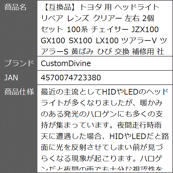 互換品】トヨタ 用 ヘッドライト リペア レンズ クリアー 左右 2個