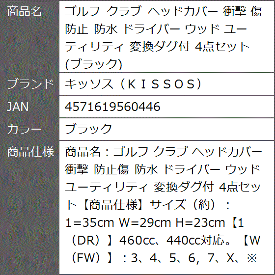 ゴルフ クラブ ヘッドカバー 衝撃 傷防止 防水 ドライバー ウッド ユーティリティ 変換ダグ付 4点セット( ブラック)｜zebrand-shop｜08