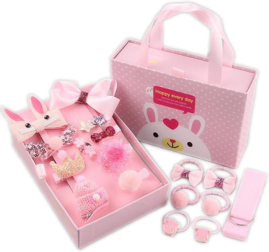 キッズ ヘア アクセサリー 髪飾り 18個セット 女の子 誕生日 プレゼント 箱入り(ソフトピンク)