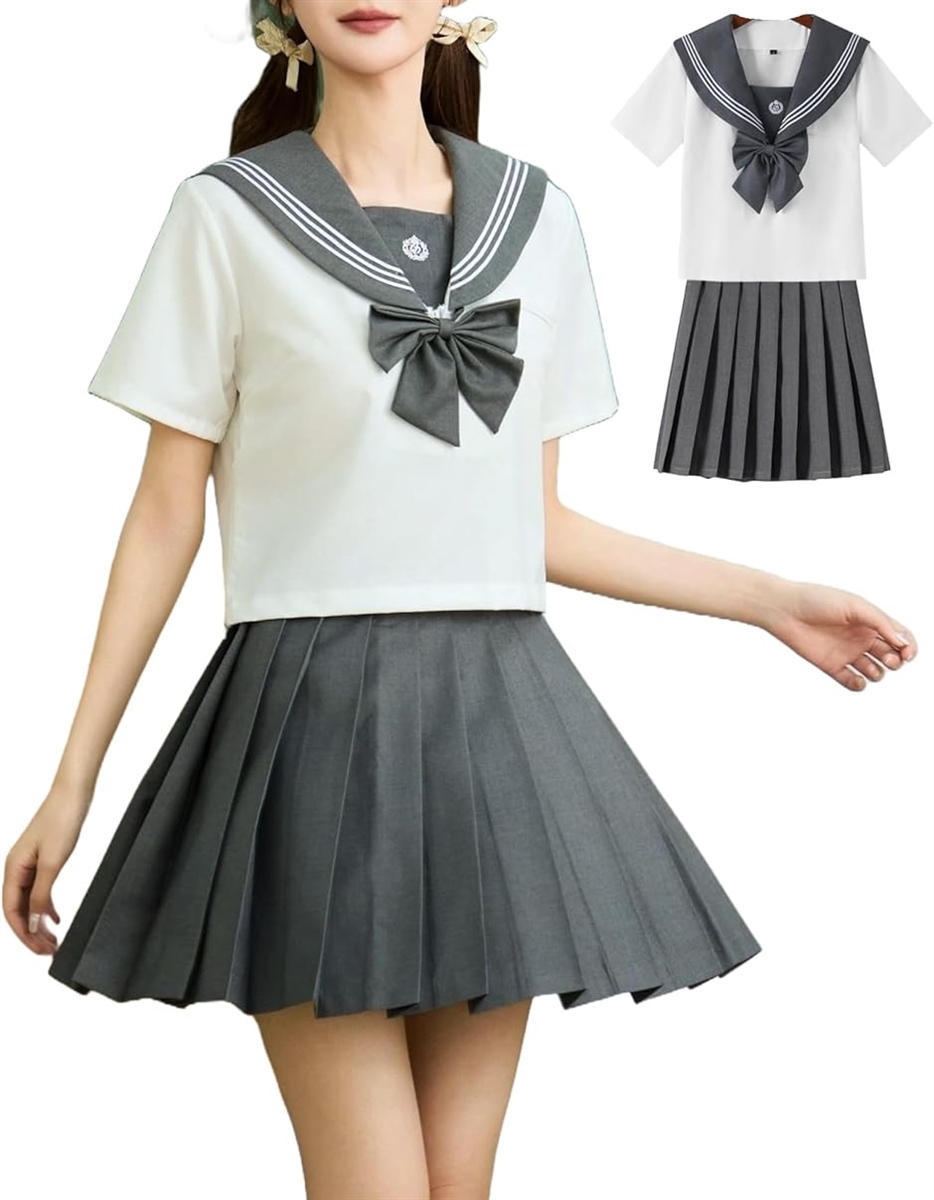 セーラー服 グレー JK 制服 コスプレ 上下セット 女子校生(グレー/ホワイト,  S)