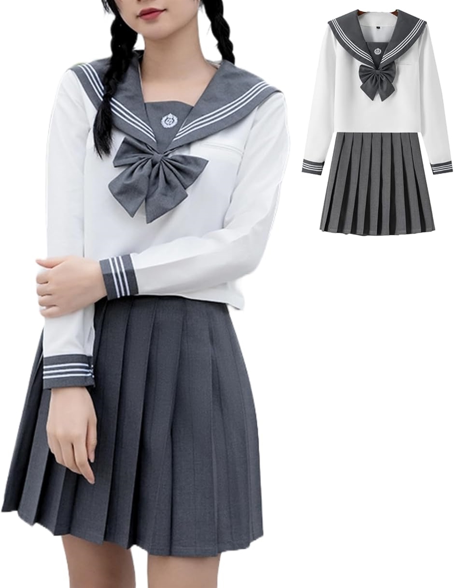 セーラー服 グレー JK 制服 コスプレ 上下セット 女子校生(グレー/ホワイト,  S)
