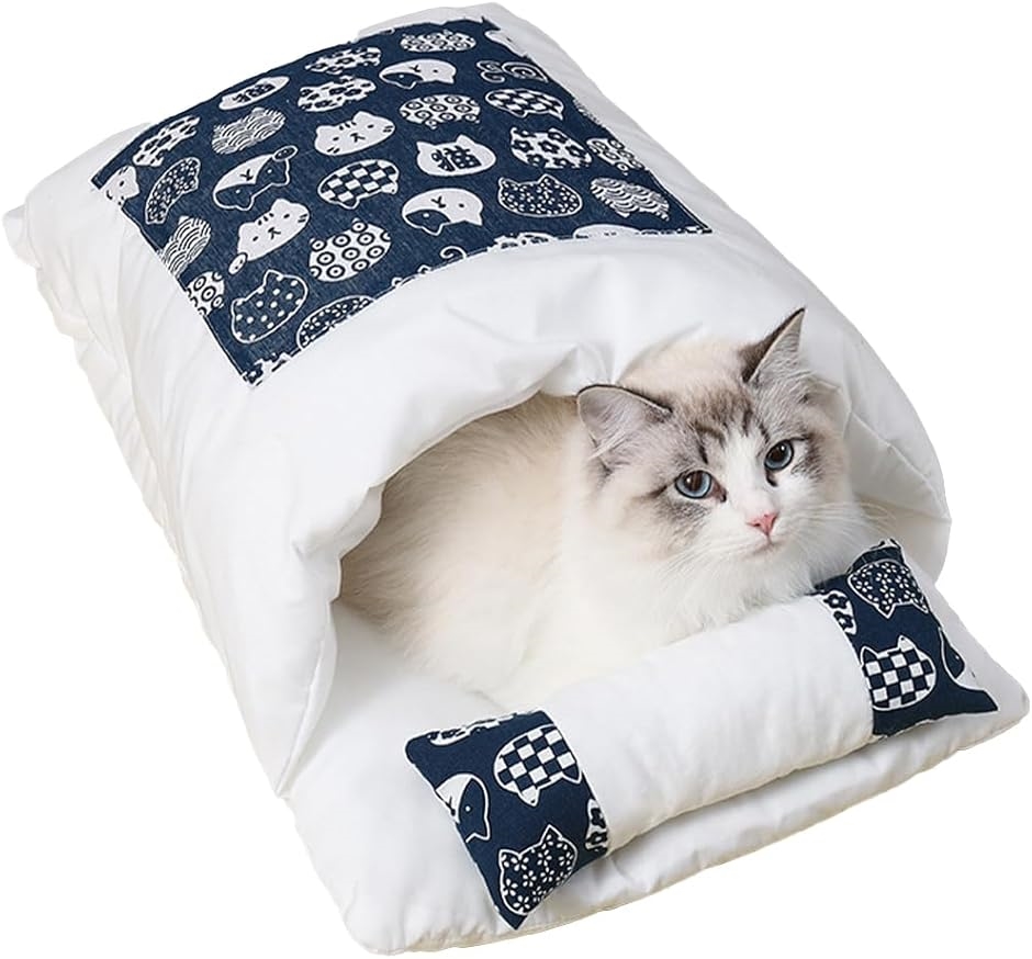 Yahoo! Yahoo!ショッピング(ヤフー ショッピング)猫 布団 筒 寝袋 猫用布団 筒型 ふわふわ快適ペット寝具（猫柄ブルー,  M）