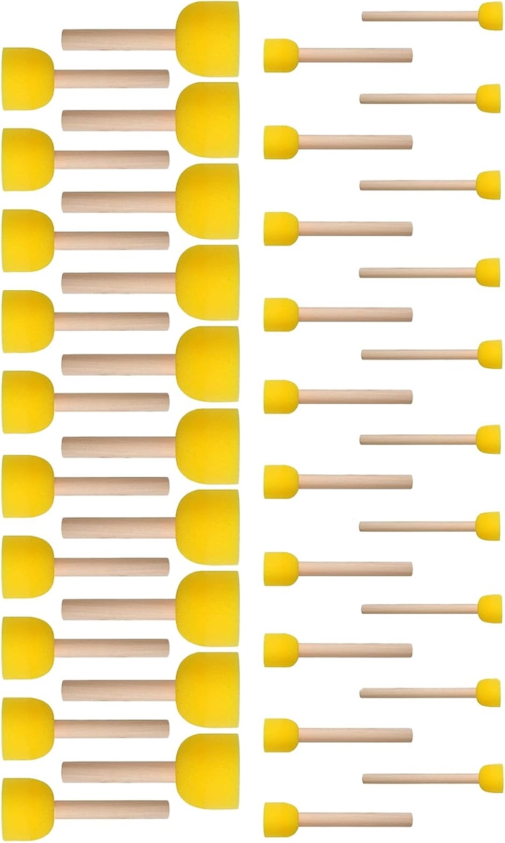 子供用 アート スポンジ ペイント ブラシ 木製 ハンドル DIY 落書きツール(イエロー,  4本セット)