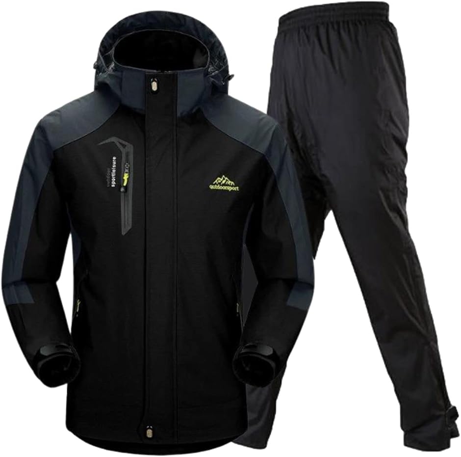 アウトドア ジャケット レインスーツ 上下セット 登山服 雨具 カッパ レインコート (3.ブラック (防水レインパンツ),  L)