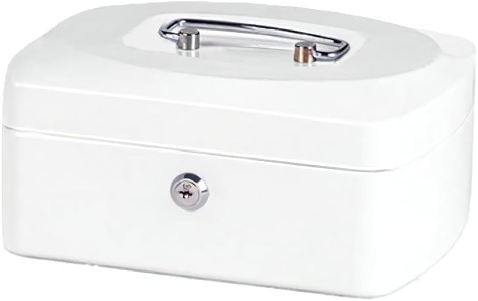 ミニ金庫 貯金箱 鍵付き 手提げ金庫 コインケース 子供用 家庭用 キャッシュボックス 収納ボックス 硬貨 お札 (ホワイト, 中)
