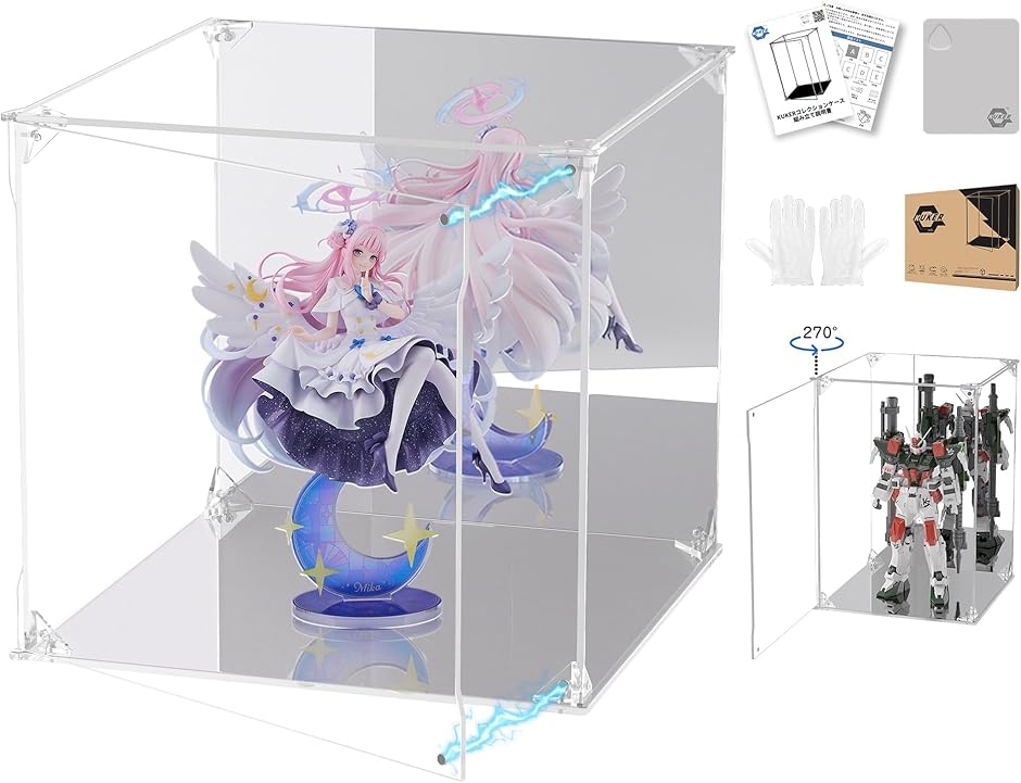 フィギュアケース UVカット アクリルケース マグネット付き 前扉 ショーケース (台座+背面ミラー,  幅30x奥行30x高さ30cm)