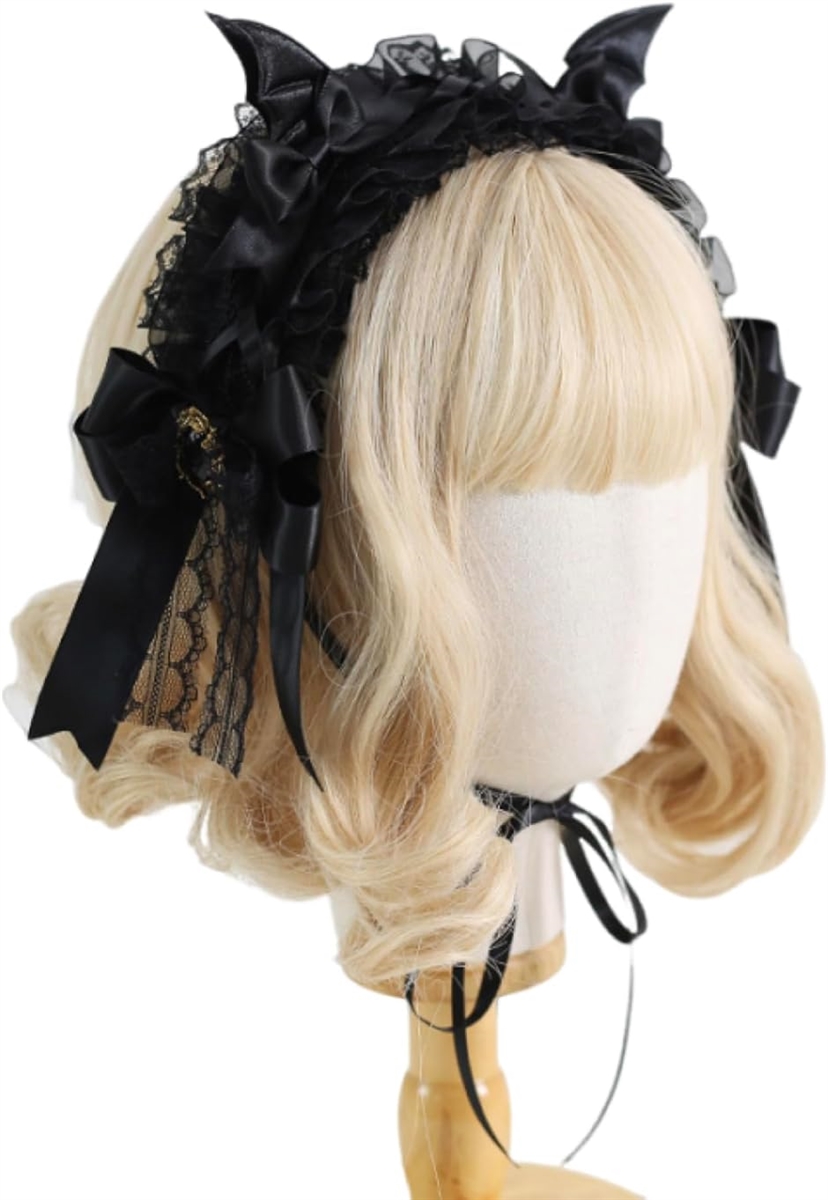 悪魔風 ツノ付き ヘッドドレス ヘアバンド レース リボン ゴスロリ コスプレ(ブラック,  幅6cm、長さ30cm、高さ1cm)