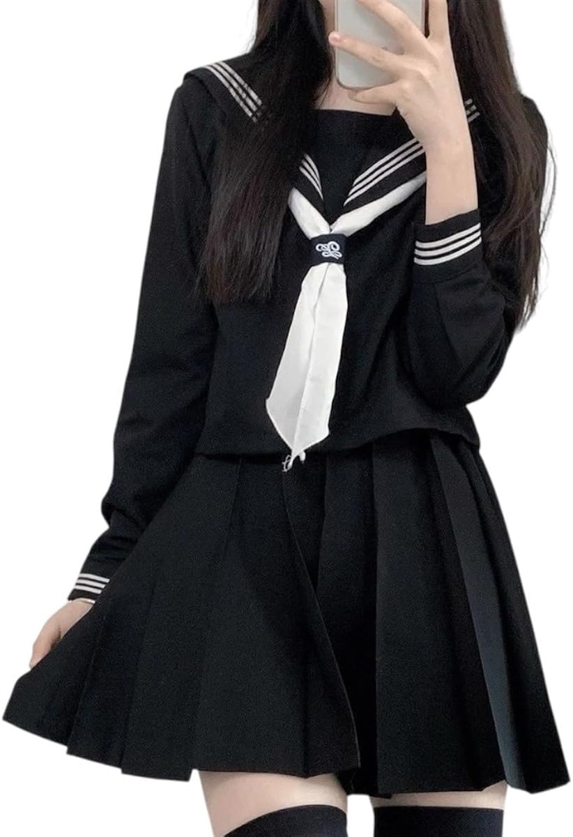 セーラー服 長袖 紺色 茶色 コーヒー 白 ３本ライン 学生服 前開き プリーツスカート 女子高校 制服 可愛い(ネイビー,  XL)