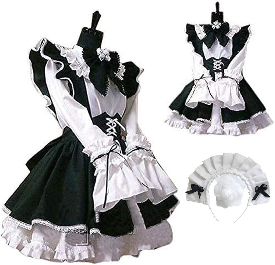 ブランド登録なし 忘年会 メイド服 ゴスロリ 女装 コスプレ 衣装 ロリータ ウェイトレス クリスマス パーティー(ブラック, 男性M ...