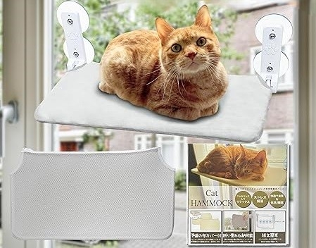 猫 窓用 ハンモック 平らデザイン 強力 吸盤 大型 ファスナー式 (無地グレーベルベット＆グレーメッシュ,  大（30cmx52cm）)