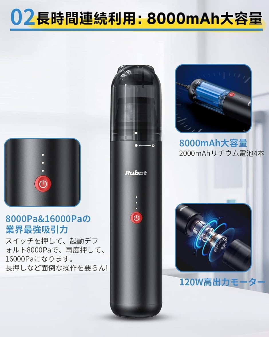 ハンディクリーナー 車用掃除機 16000PA 強力吸引 延長ストロー付き