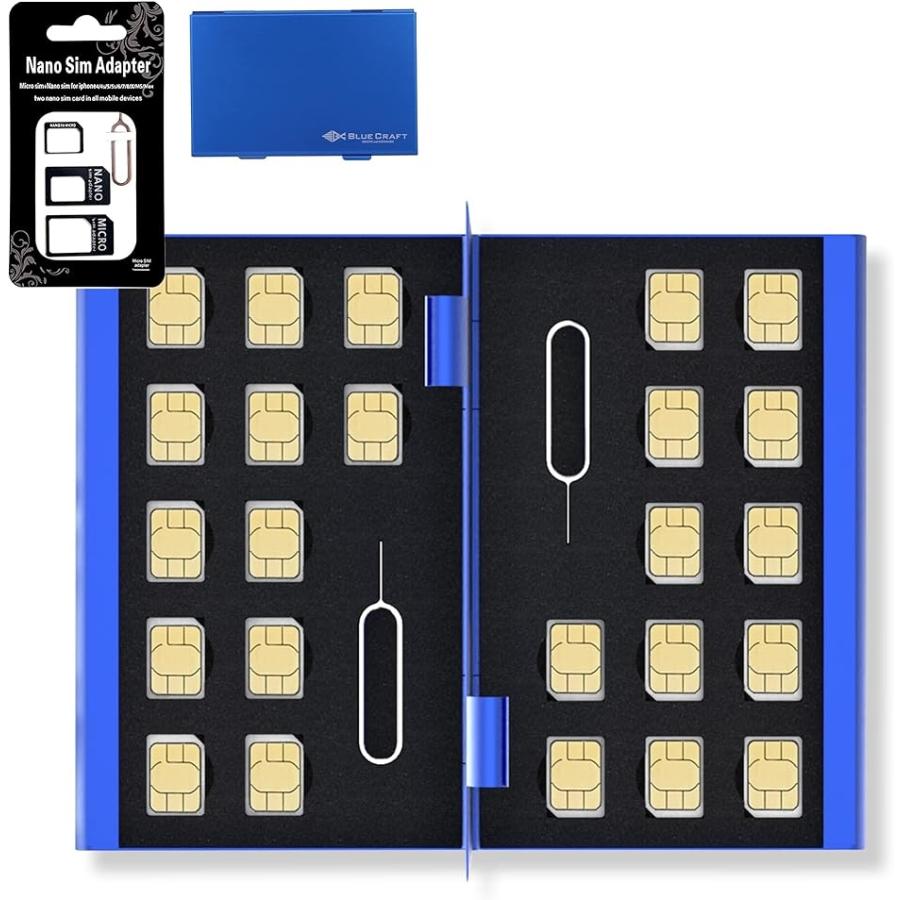 BLUECRAFT nanoSIMカード ケース アルミ両面タイプ 24枚収納SIM変換アダプタ・取出ピン付属 静電対応 MDM( ブルー)｜zebrand-shop