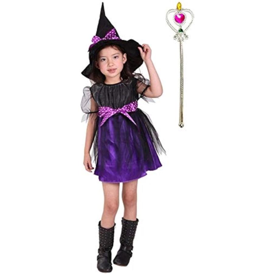 魔女っ子衣装3点セット ドレス、帽子、ハートのステッキ ハロウィン 魔法使い( 黒、紫,  Mサイズ （身長110〜120cm）)｜zebrand-shop