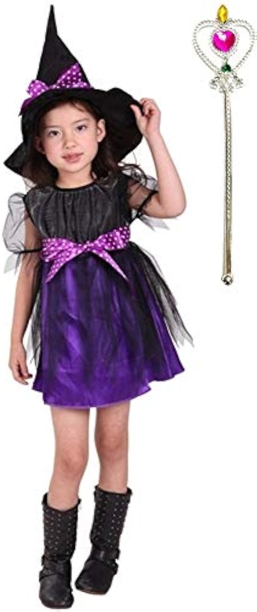 魔女っ子衣装3点セット ドレス、帽子、ハートのステッキ ハロウィン 魔法使い( 黒、紫,  Lサイズ （身長120〜130cm）)