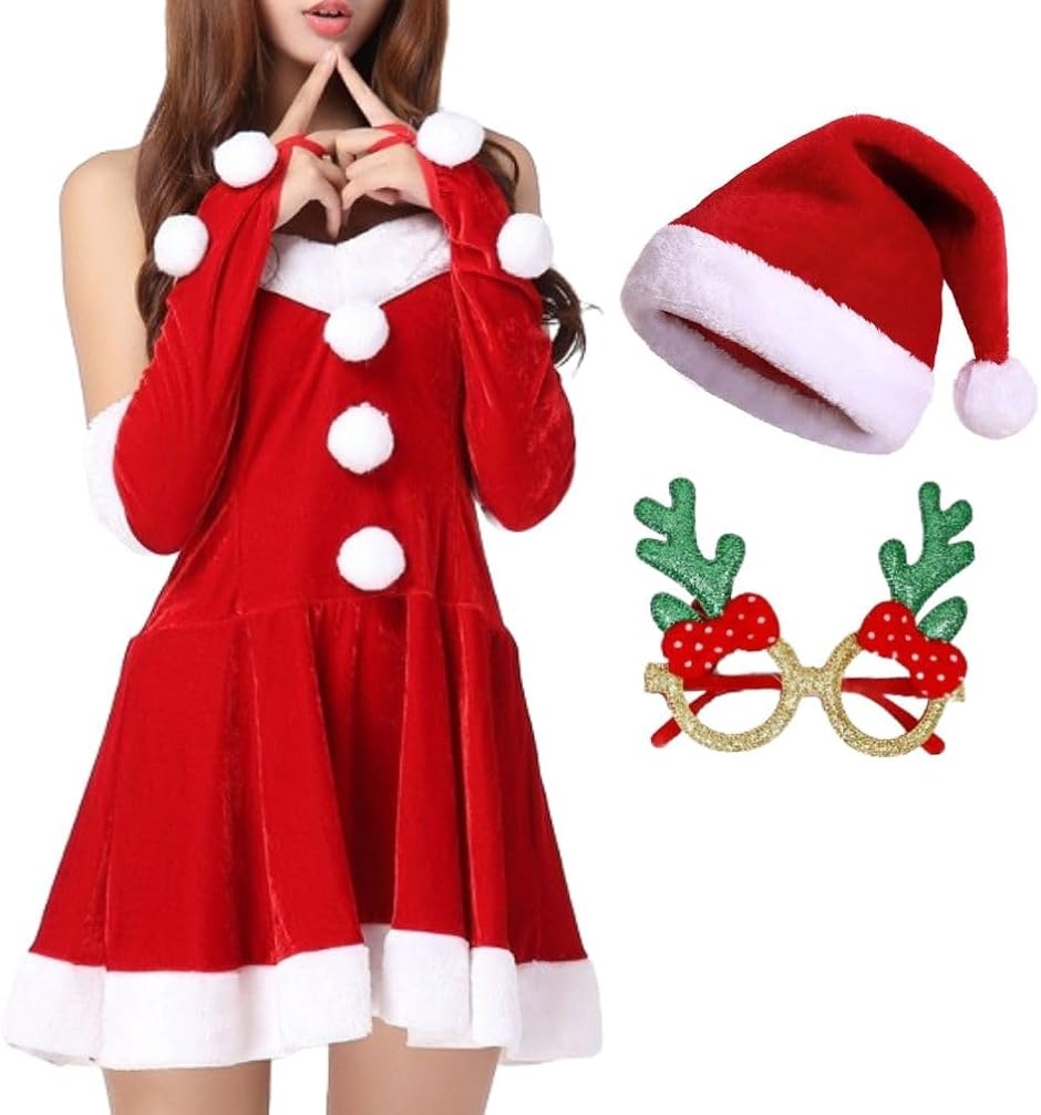 Yahoo! Yahoo!ショッピング(ヤフー ショッピング)クリスマス サンタ コスプレ 衣装 レディース ワンピ 手袋 帽子 トナカイ 眼鏡付 フリーサイズ（ レッド,  Free Size）