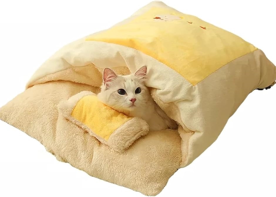 Yahoo! Yahoo!ショッピング(ヤフー ショッピング)キャットハウス 猫用ベッド 猫用寝袋 枕付き 和風 ペットベッド布団型 ペットマット グッズ 冬用 裏起毛 寒さ対策（イエロー,  L）