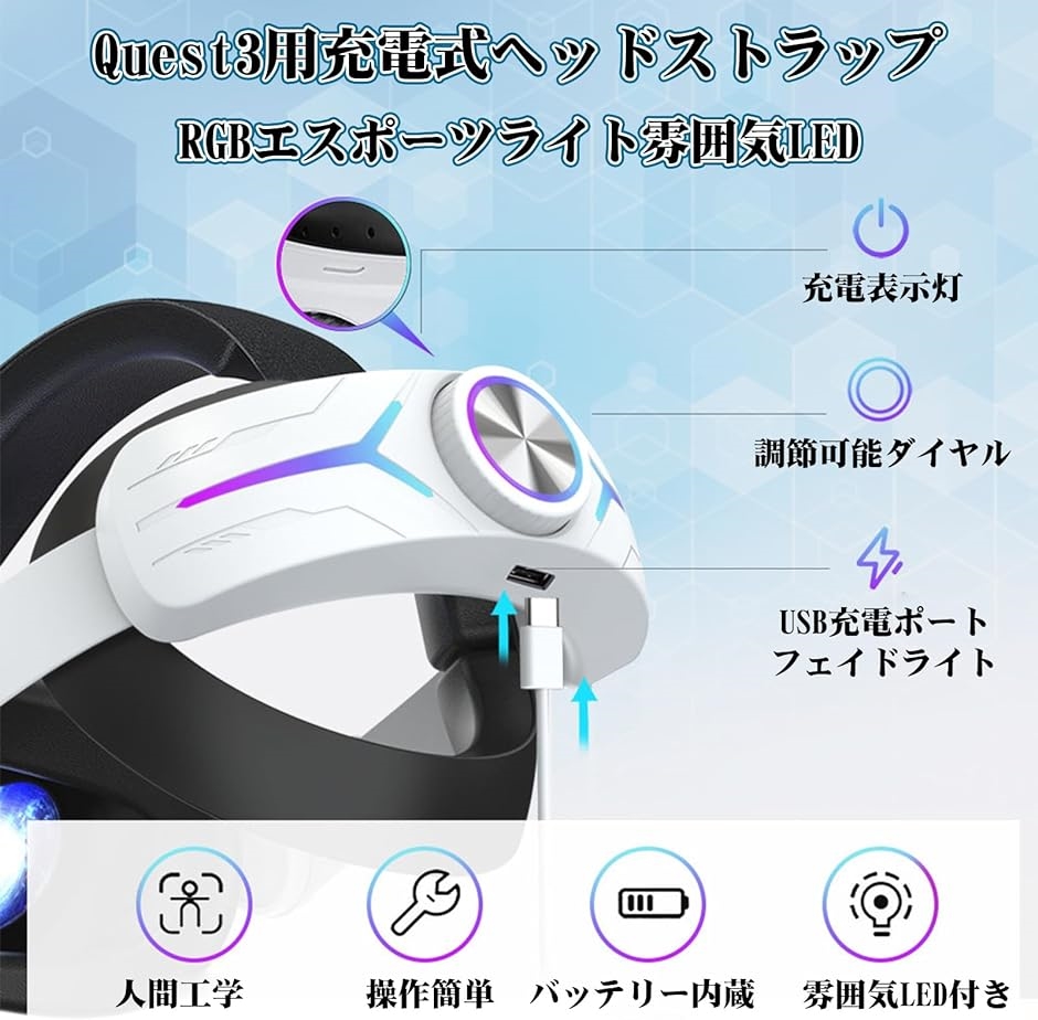 Meta Quest3用ヘッドストラップ 充電機能付き 人間工学デザイン