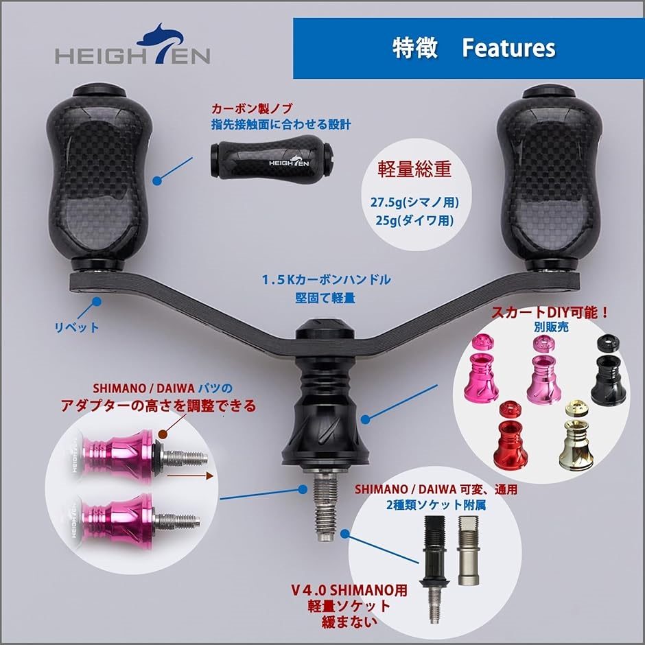 90mm リール ハンドル カーボン ノブ 搭載 シマノ ダイワ 通用