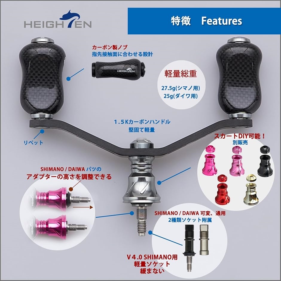 カーボンハンドルノブ HEIGHTEN 21mm リール ハンドル ノブ 5g カーボン製