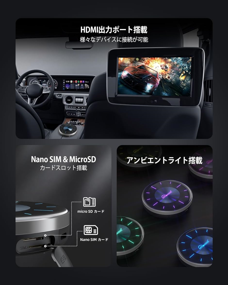 オットキャスト P3 CarPlay AI Box Android 12アタブター nano SIMカード/Micro SDカードスロット｜zebrand-shop｜04